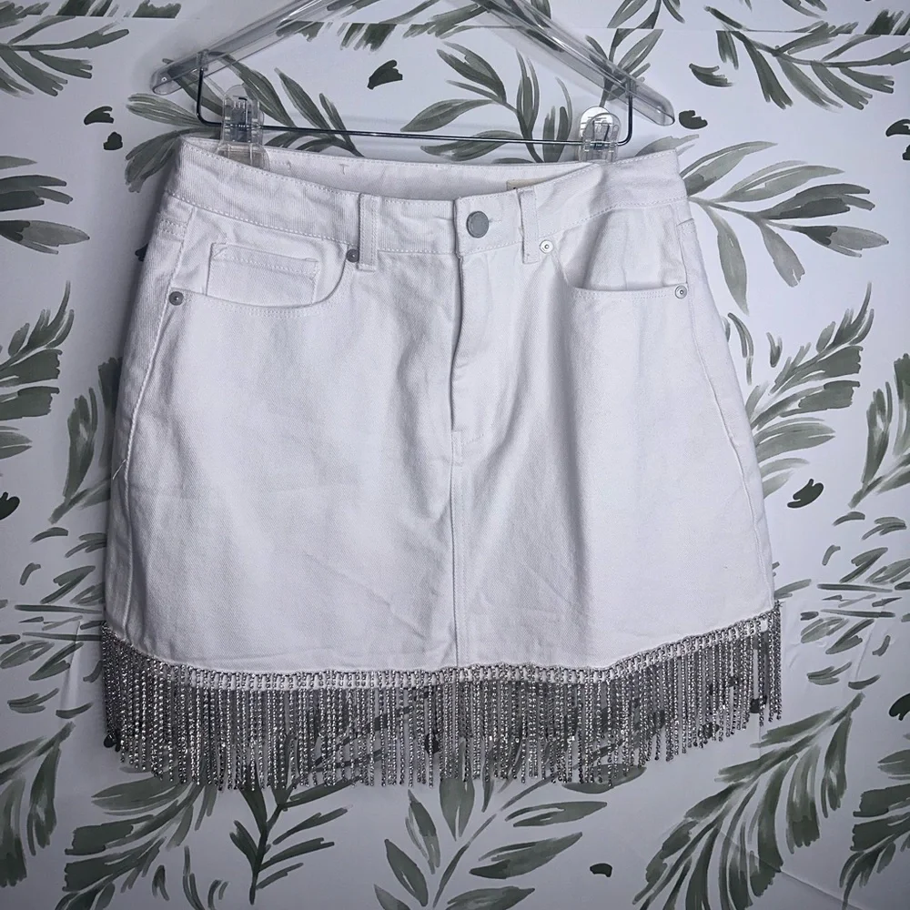 BLANK NYC White Denim Fringe Rhinestone Mini Skirt - Picture 3 of 8